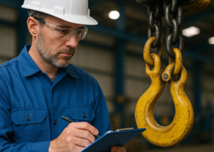 Engineer performing Non-Destructive Testing (NDT) inspection on industrial lifting equipment in a warehouse.