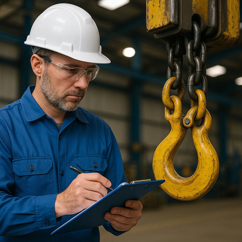 Engineer performing Non-Destructive Testing (NDT) inspection on industrial lifting equipment in a warehouse.