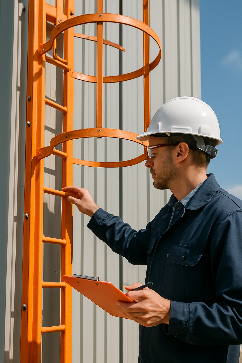 Inspector conducting a fixed ladder inspection on an industrial building in Ontario.