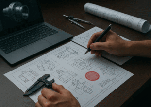 Engineer reviewing mechanical drawings and measurements at a workstation as part of Ontario engineering compliance and sign-and-seal preparation.