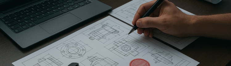 Engineer reviewing mechanical drawings and measurements at a workstation as part of Ontario engineering compliance and sign-and-seal preparation.