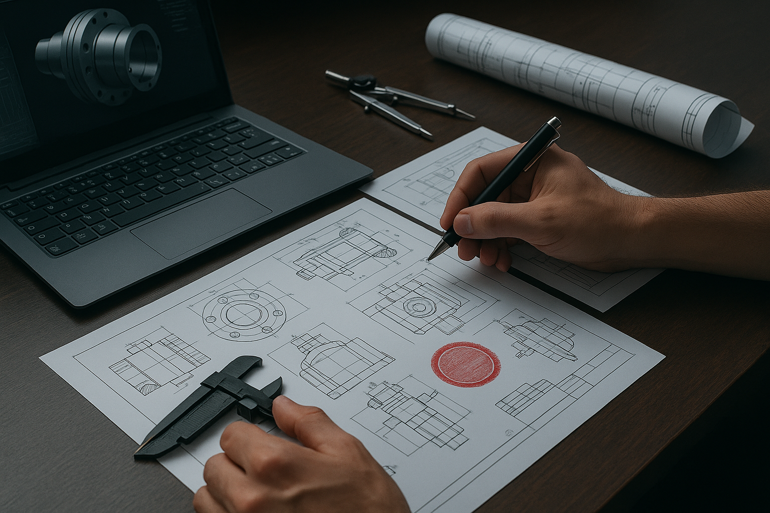 Engineer reviewing mechanical drawings and measurements at a workstation as part of Ontario engineering compliance and sign-and-seal preparation.