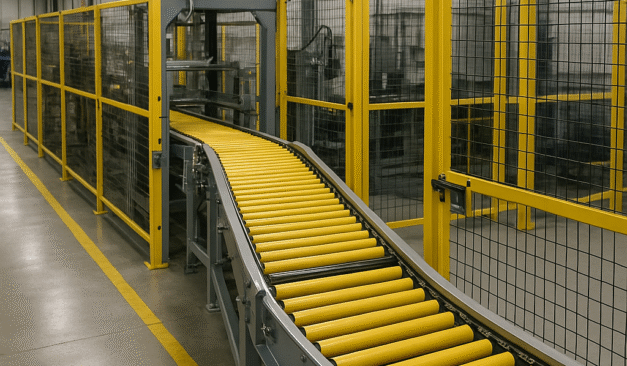 Conveyor system with fixed yellow safety guarding in an industrial manufacturing facility